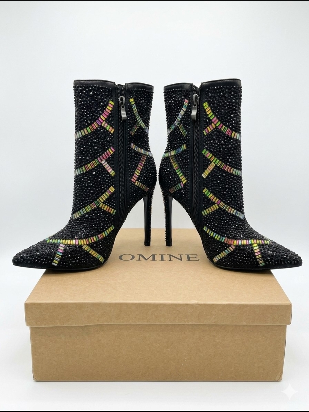 Y2K Glam Rainbow Rhinestone Stiletto Heel Ankle Boots OMINE Black Cocktail Stud